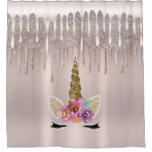Icy Pink Rose Gold Glitter Drip Floral Eenhoorn Douchegordijn (Voorkant)