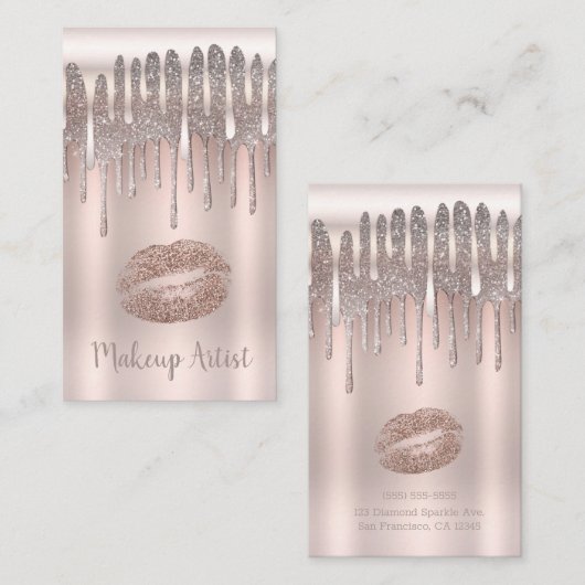 Icy Pink Rose Gold Lips Kiss Diamond Glitter Drip Visitekaartje (Voorkant / Achterkant)