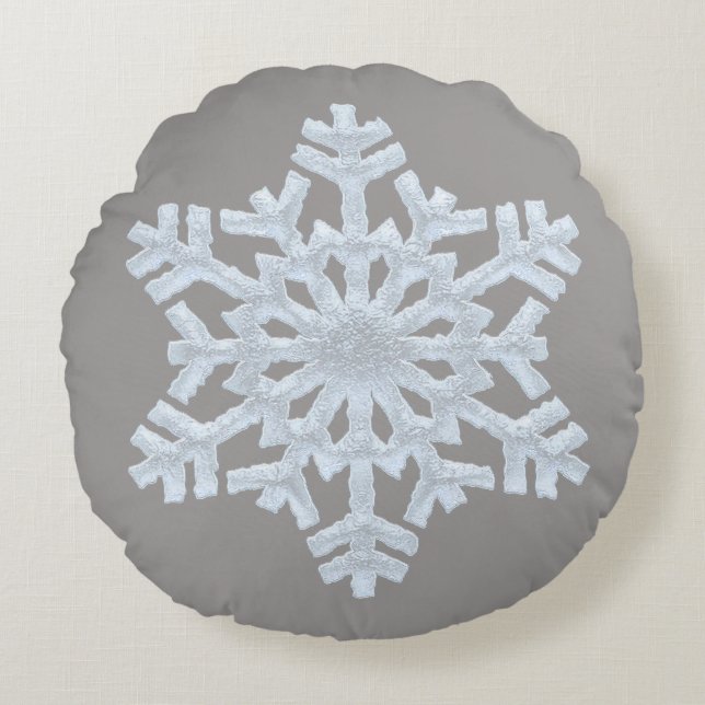 Icy White Frozen Snowflake Elegant kergrijs Rond Kussen (Voorkant)