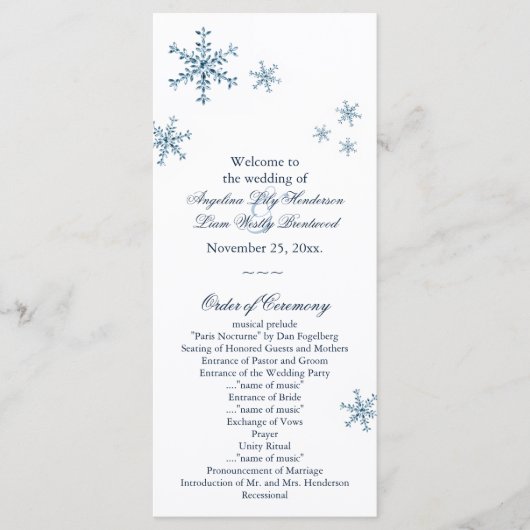 Icy Winter Snowflake Kleine bruiloft programma Programmakaart (Voorkant)