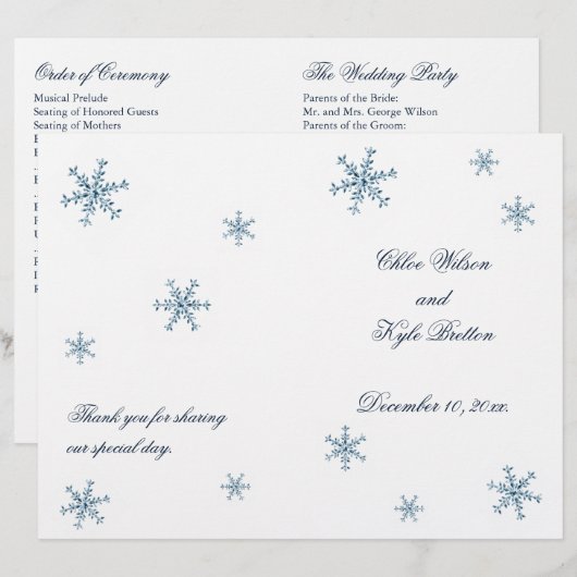 Icy Winter Snowflake Wedding Programme (Voorkant / Achterkant)