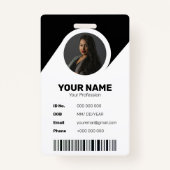 ID Barcode Medewerker Foto Zwart Modern Minimal Badge (Voorkant)