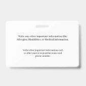 ID Identificatiekaart Student Kind Kinderen School Badge (Achterkant)
