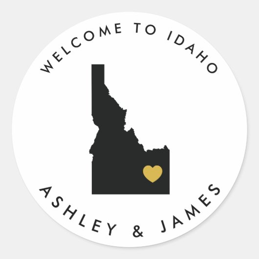 Idaho Bruiloft Welkom Sticker Label, Goud & Zwart (Voorkant)