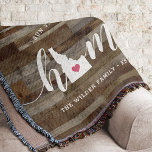 Idaho Home State Personalized Rustic Wood Kijk uit Deken<br><div class="desc">Show een beetje trots op de thuisstaat met deze schattige luxe houtplank met een deken die "thuis" is voorzien in een wit kalligrafiekschrift met een silhouetekaart van de staat Idaho die voor de letter "O." staat. Een roze hartillustratie in de staatskaart voltooit het ontwerp; u kunt de positie van het...</div>