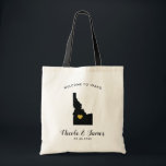 Idaho Map Wedding Welcome Bag Tas Black en Gold<br><div class="desc">Het weekend van de bruiloft heet cadeautas voor gasten uit de stad voor je bruiloft,  met afbeelding van Idaho,  met gouden hart.  Vul tas met je favoriete godies.</div>