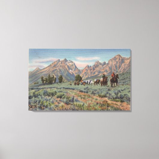 Idaho - Uitzicht van Mannen op Horseback op Teton  Canvas Afdruk (Voorkant)
