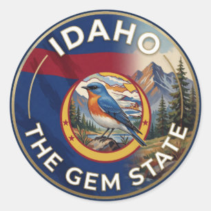 💎 Idaho Vlag en Bergblauwe Vogel Edelsteen Erfgoe Ronde Sticker