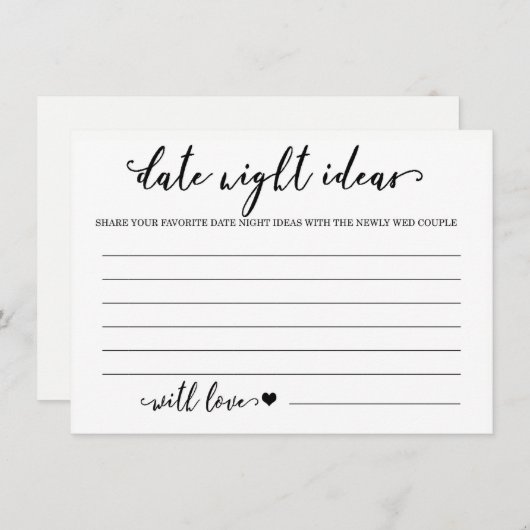 Ideeën voor date night kaart bruidsdouche spel (Voorkant / Achterkant)