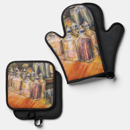Ideografie van Golden Light. Ovenwant & Pannenlap Set (Voorkant / Achterkant)