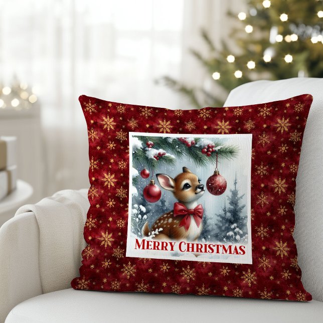 Idyllic baby deer winter snowy forest Christmas  Kussen (Idyllic baby deer winter snowy forest Christmas pillow)