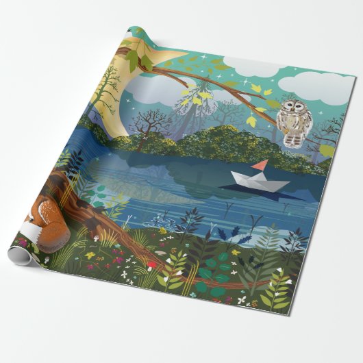 Idyllic Riverside Wildlife Illustration Children's Cadeaupapier (Uitgerold)