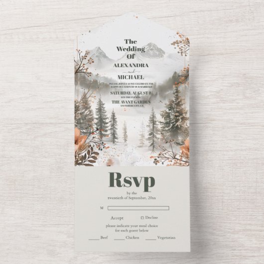 Idyllic Waterverf Mountain Winter Weddenschap All In One Uitnodiging (Binnen)