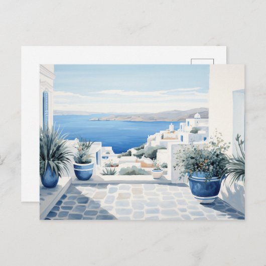 Idyllisch Grieks Eiland: Digitale Waterverf Art Pr Briefkaart (Voorkant / Achterkant)