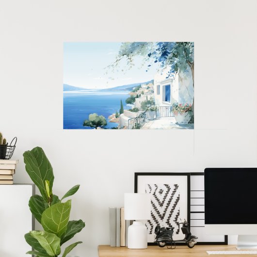 Idyllisch Grieks Eiland: Digitale Waterverf Art Pr Poster (Thuiskantoor)
