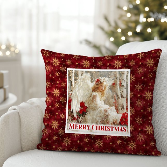 Idyllische engel rode poinsettia kerst kussen cade (Idyllic Angel Red Poinsettia Christmas Pillow Gift)