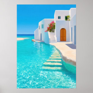 Idyllische Griekse villa met turkooizen water Poster