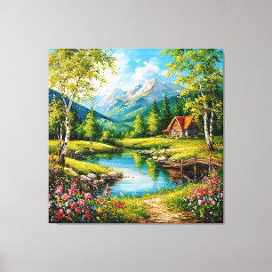 Idyllische hut aan een beek in een levendige berg canvas afdruk