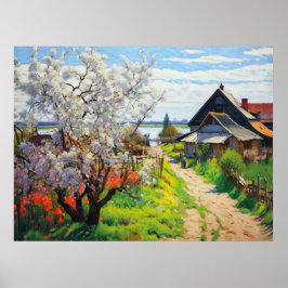 Idyllische lenteboerderij Kersenbloesems op zand Poster