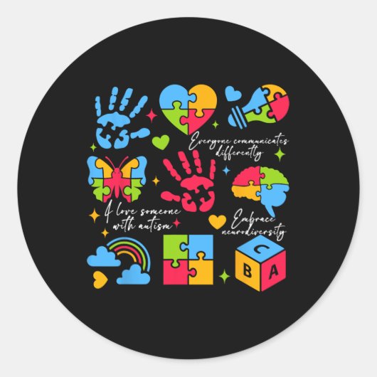 Iedereen communiceert anders over neurodiversiteit ronde sticker (Voorkant)