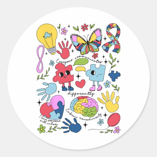 Iedereen communiceert verschillend Autisme Bewust Ronde Sticker (Voorkant)