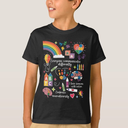 Iedereen communiceert verschillend Autisme Bewust T-shirt (Voorkant)