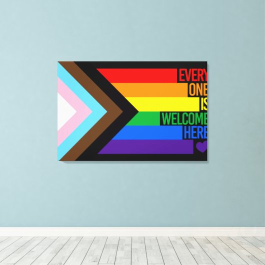Iedereen is hier welkome vlag (Progress Pride) Canvas Afdruk (Insitu (Houten vloer))