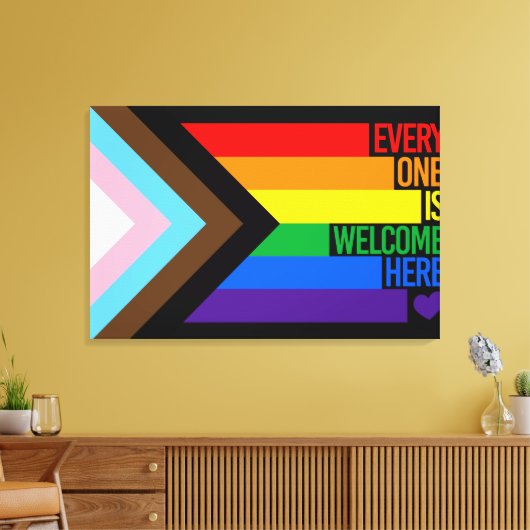Iedereen is hier welkome vlag (Progress Pride) Canvas Afdruk (Insitu (Woonkamer))