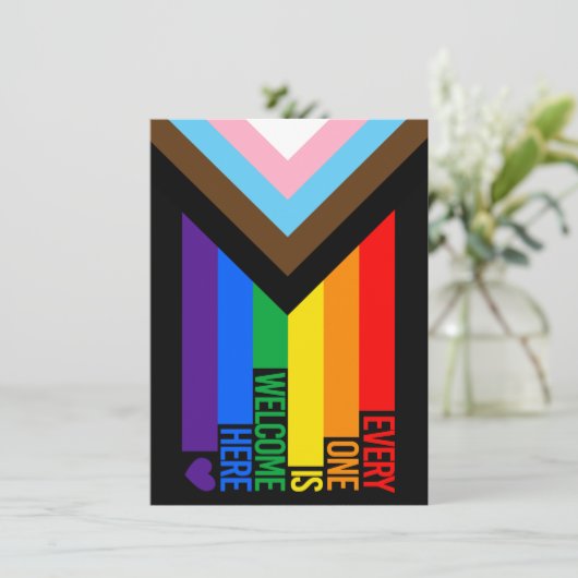 Iedereen is hier welkome vlag (Progress Pride) Feestdagenkaart (Staand voorkant)