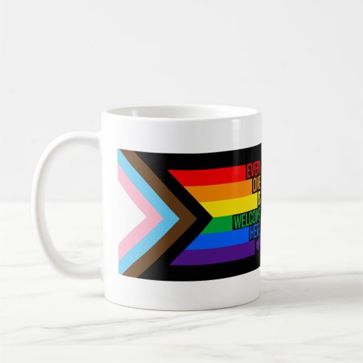 Iedereen is hier Welkome vlag (Progress Pride) Koffiemok (Links)