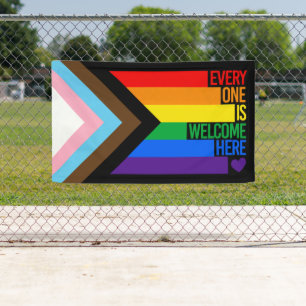 Iedereen is hier Welkome vlag (Progress Pride) Spandoek