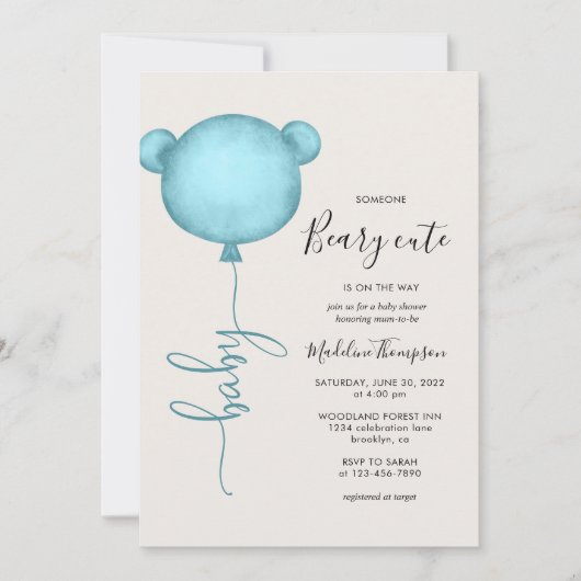 Iemand Beary Cute Blue Balloon Baby shower Kaart (Voorkant)