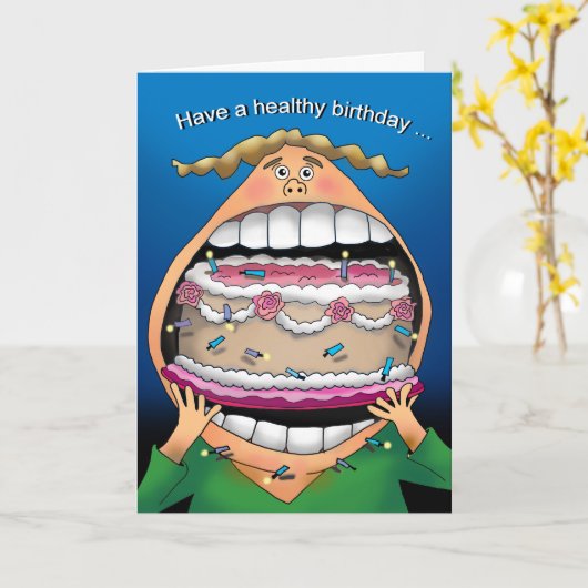 Iemand die een verjaardagstaart in zijn geheel eet kaart (Gele Bloem)