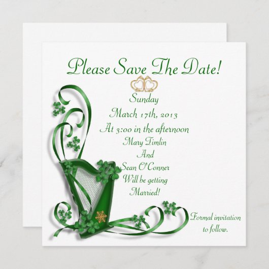 Ieren Bewaar de datum voor bruiloft, Harp Save The Date (Voorkant / Achterkant)