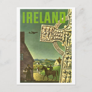 Ierland dorp, Keltisch kruis, vintage reis Briefkaart
