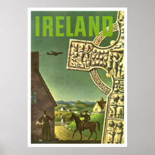 Ierland dorp, Keltisch kruis, vintage reis Poster