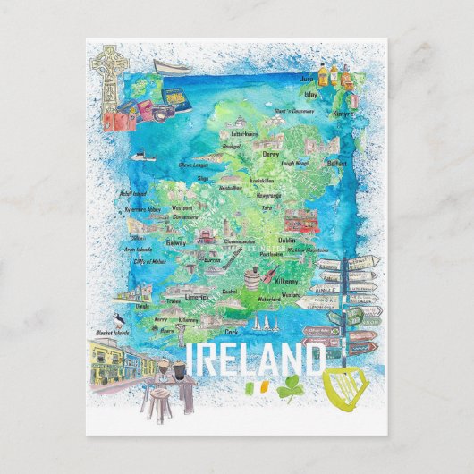 Ierland geïllustreerde reiskaart briefkaart (Voorkant)