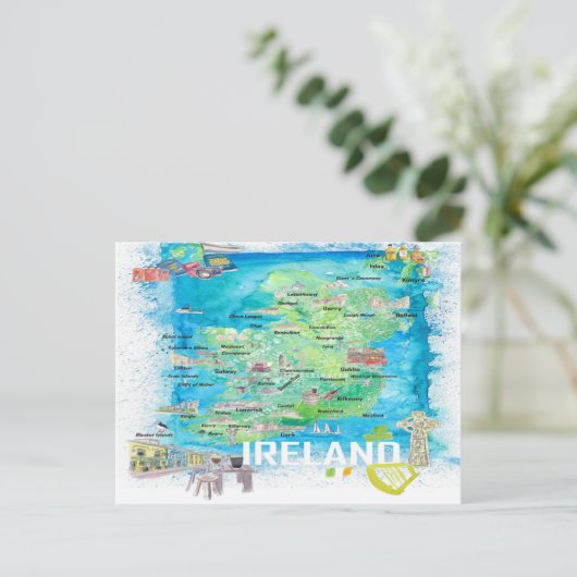 Ierland geïllustreerde reiskaart met wegen briefkaart (Staand voorkant)