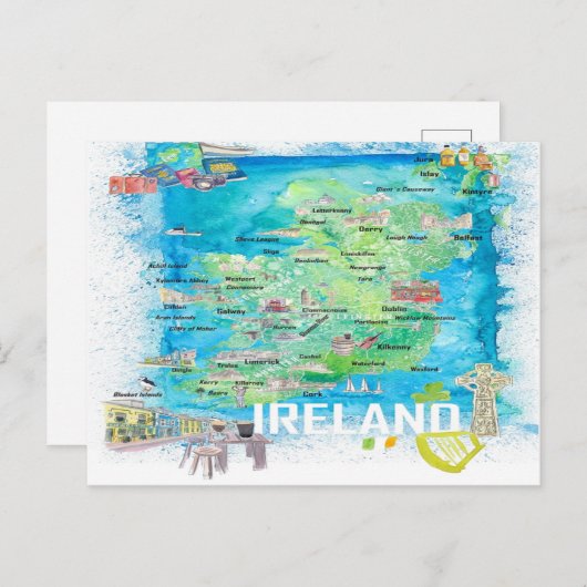 Ierland geïllustreerde reiskaart met wegen briefkaart (Voorkant / Achterkant)