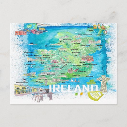 Ierland geïllustreerde reiskaart met wegen briefkaart (Voorkant)