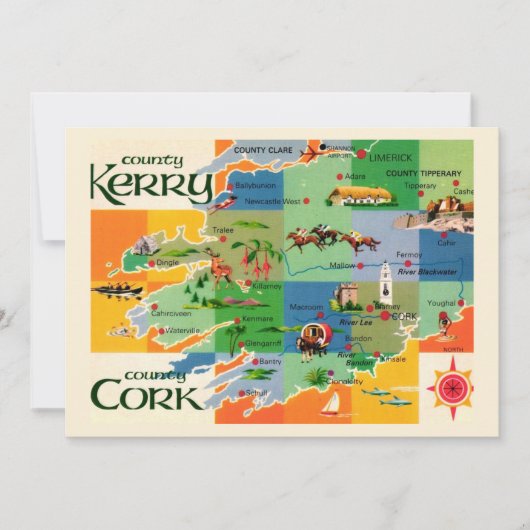 Ierland Kaart van Kerry & Cork 5x7 Grote Postkaart (Voorkant)