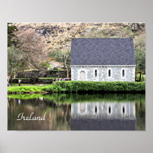 Ierland, kerk, stenen muur, meer, fotografie poster