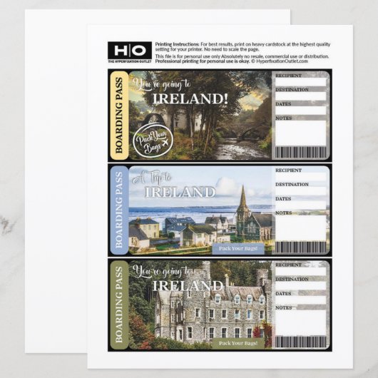 Ierland Mock Ticket voor Reizen en Evenementen (Voorkant / Achterkant)