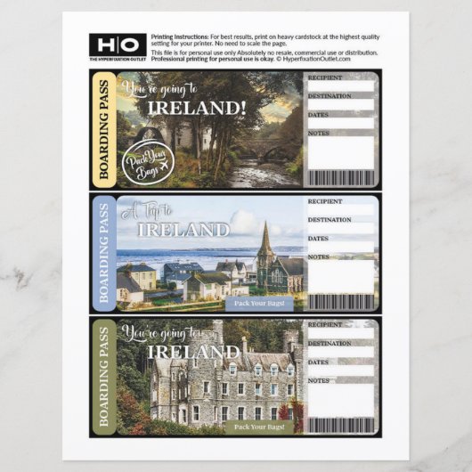 Ierland Mock Ticket voor Reizen en Evenementen (Voorkant)