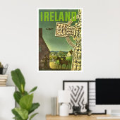 Iers dorp, celkruis, vintage-reizen poster (Thuiskantoor)