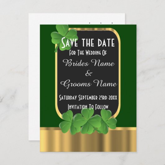Iers groen en goud slaan de datum op aankondigingskaart (Voorkant / Achterkant)