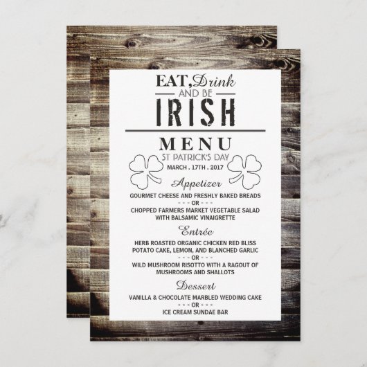 Iers Hout St Patrick's Day Menu Kaart (Voorkant / Achterkant)