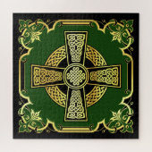 Iers Keltisch kruis/zwart/goud/groen fancy ontwerp Legpuzzel (Horizontaal)