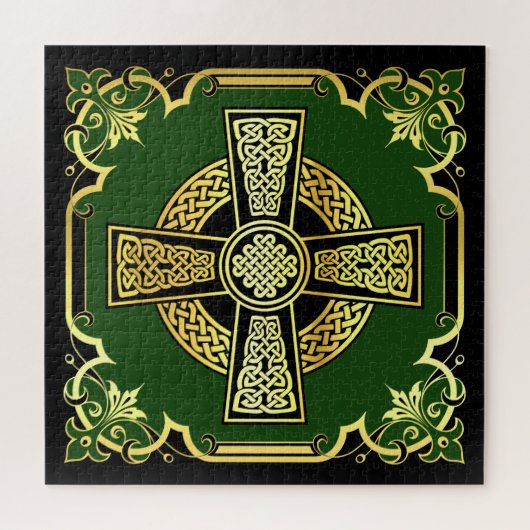 Iers Keltisch kruis/zwart/goud/groen fancy ontwerp Legpuzzel (Horizontaal)