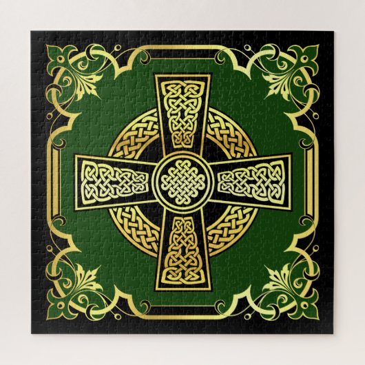 Iers Keltisch kruis/zwart/goud/groen fancy ontwerp Legpuzzel (Verticaal)